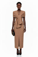 Gudrun Brown Plunge Neck Midi Dress with Self-Tie - Aura Muse