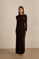 Haven Brown Ruched Maxi Dress - Aura Muse