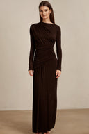 Haven Brown Ruched Maxi Dress - Aura Muse