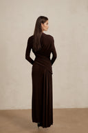 Haven Brown Ruched Maxi Dress - Aura Muse