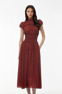 Henriette Deep Red High Neck Pleated Midi Dress - Aura Muse