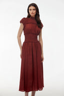 Henriette Deep Red High Neck Pleated Midi Dress - Aura Muse