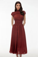 Henriette Deep Red High Neck Pleated Midi Dress - Aura Muse