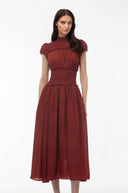 Henriette Deep Red High Neck Pleated Midi Dress - Aura Muse