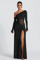 Herminia Black One Shoulder Gathered Maxi Dress - Aura Muse