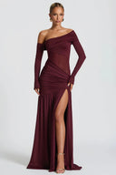 Herminia Burgundy One Shoulder Gathered Maxi Dress - Aura Muse