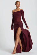 Herminia Burgundy One Shoulder Gathered Maxi Dress - Aura Muse