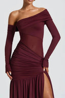 Herminia Burgundy One Shoulder Gathered Maxi Dress - Aura Muse