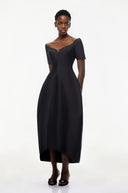 Hermione Black Plunge Neck Asymmetrical Midi Dress - Aura Muse