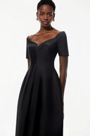 Hermione Black Plunge Neck Asymmetrical Midi Dress - Aura Muse