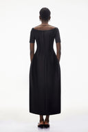 Hermione Black Plunge Neck Asymmetrical Midi Dress - Aura Muse