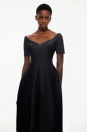 Hermione Black Plunge Neck Asymmetrical Midi Dress - Aura Muse