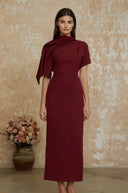 Hilary Burgundy Asymmetrical Cape Maxi Dress - Aura Muse