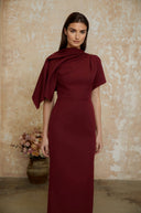 Hilary Burgundy Asymmetrical Cape Maxi Dress - Aura Muse