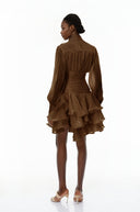 Honora Brown High-Neck Ruffled Detail Mini Dress - Aura Muse