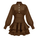 Honora Brown High-Neck Ruffled Detail Mini Dress - Aura Muse