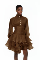 Honora Brown High-Neck Ruffled Detail Mini Dress - Aura Muse