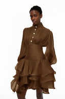 Honora Brown High-Neck Ruffled Detail Mini Dress - Aura Muse