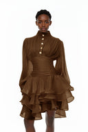 Honora Brown High-Neck Ruffled Detail Mini Dress - Aura Muse