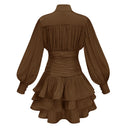 Honora Brown High-Neck Ruffled Detail Mini Dress - Aura Muse