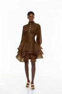 Honora Brown High-Neck Ruffled Detail Mini Dress - Aura Muse