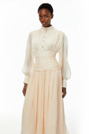 Honora Neutrals High-Neck Ruffled Detail Maxi Dress - Aura Muse