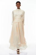 Honora Neutrals High-Neck Ruffled Detail Maxi Dress - Aura Muse