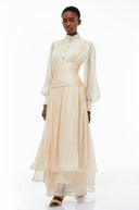 Honora Neutrals High-Neck Ruffled Detail Maxi Dress - Aura Muse