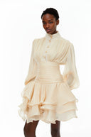 Honora Neutrals High-Neck Ruffled Detail Mini Dress - Aura Muse