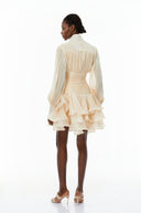 Honora Neutrals High-Neck Ruffled Detail Mini Dress - Aura Muse