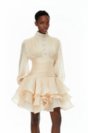 Honora Neutrals High-Neck Ruffled Detail Mini Dress - Aura Muse