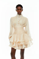 Honora Neutrals High-Neck Ruffled Detail Mini Dress - Aura Muse