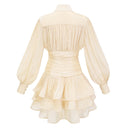 Honora Neutrals High-Neck Ruffled Detail Mini Dress - Aura Muse