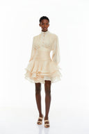 Honora Neutrals High-Neck Ruffled Detail Mini Dress - Aura Muse