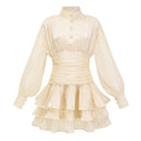 Honora Neutrals High-Neck Ruffled Detail Mini Dress - Aura Muse