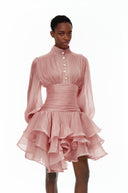 Honora Pink High-Neck Ruffled Detail Mini Dress - Aura Muse
