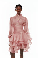 Honora Pink High-Neck Ruffled Detail Mini Dress - Aura Muse