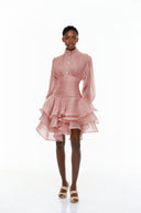 Honora Pink High-Neck Ruffled Detail Mini Dress - Aura Muse