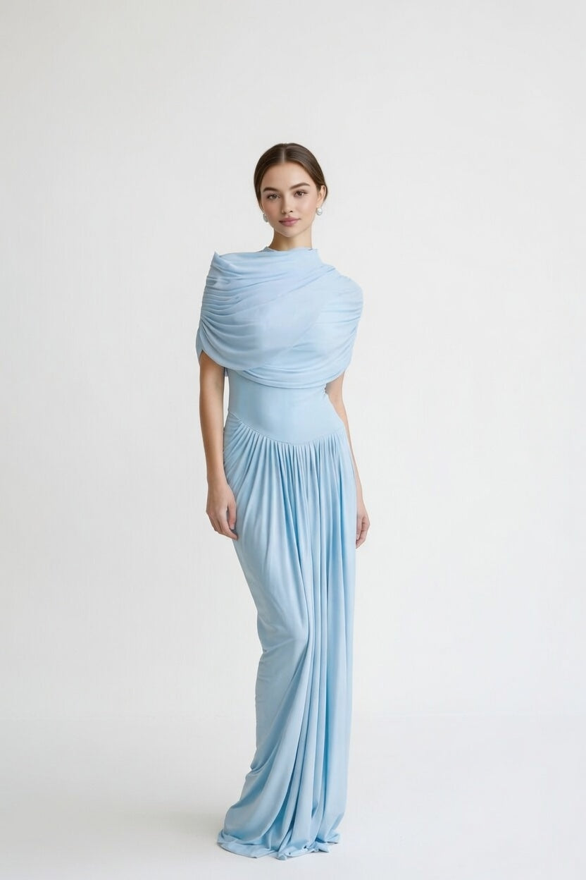 Liora Asymmetric Pleated Chiffon Maxi Dress in Baby Blue