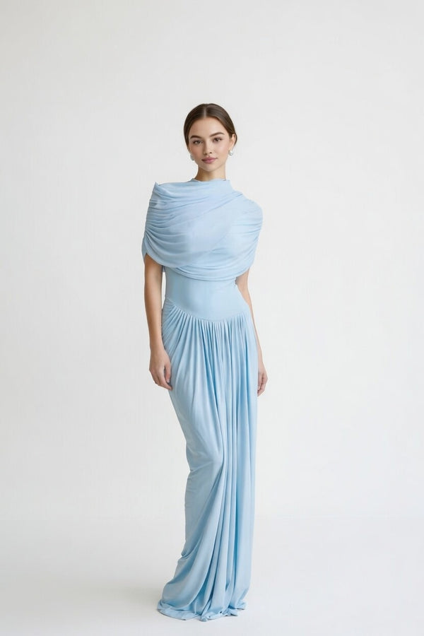 Liora Asymmetric Pleated Chiffon Maxi Dress in Baby Blue