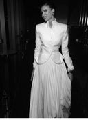 Isabella White Embroidered Stand Collar Peplum Blazer & Pleated Maxi Skirt Set - Aura Muse
