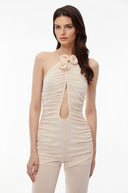 Isabelle Nude Ruched Jumpsuit with 3D Petals - Aura Muse