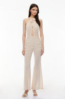 Isabelle Nude Ruched Jumpsuit with 3D Petals - Aura Muse
