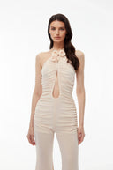 Isabelle Nude Ruched Jumpsuit with 3D Petals - Aura Muse
