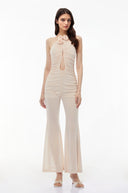 Isabelle Nude Ruched Jumpsuit with 3D Petals - Aura Muse