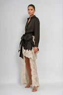 Isadora Black Satin Floral Lace Shirt & Skirt Set - Aura Muse