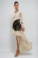 Isadora Black Satin Floral Lace Shirt & Skirt Set - Aura Muse