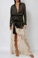 Isadora Black Satin Floral Lace Shirt & Skirt Set - Aura Muse