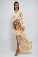 Isadora Brown Satin Floral Lace Shirt & Skirt Set - Aura Muse