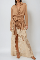 Isadora Brown Satin Floral Lace Shirt & Skirt Set - Aura Muse